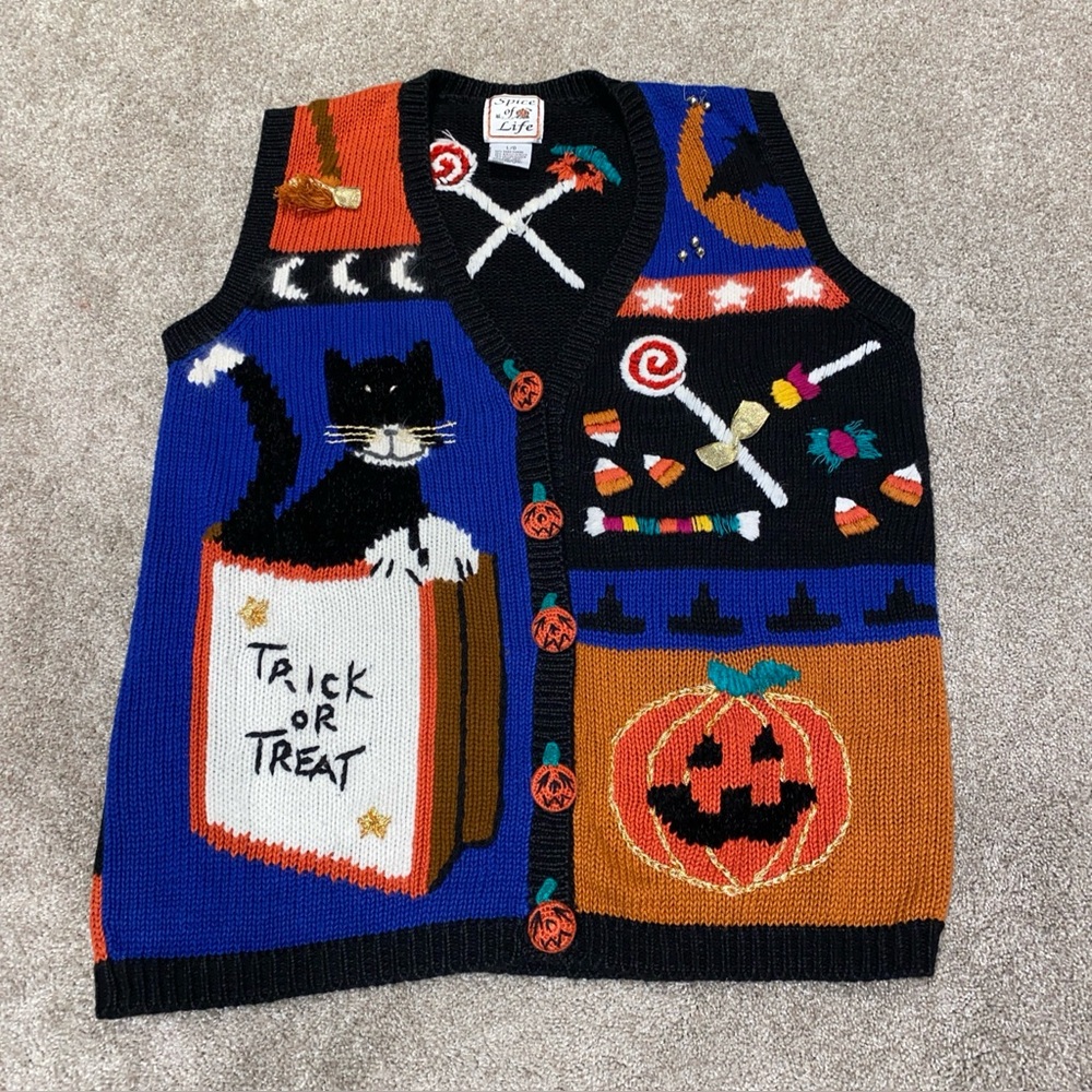 Vintage Spice Of Life Halloween Vest‎ Woman's L Black Cat Candy Pumpkin